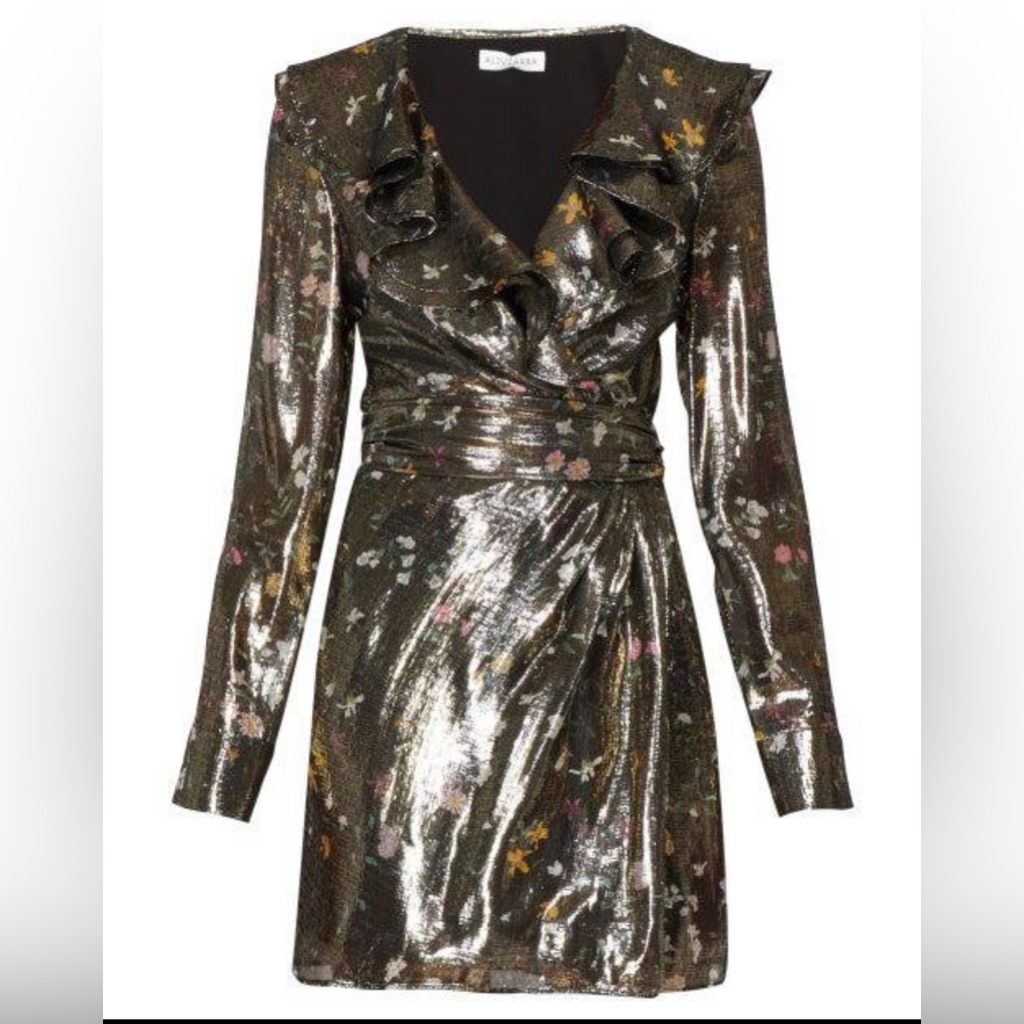 Nwt Altuzarra Gold Multi Lennox Floral-Print Silk-Blend Lam Mini Dress Size 38